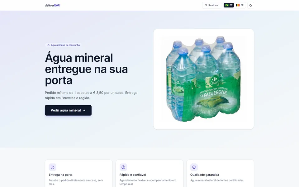 deliverEAU: página inicial do pedido de água mineral em Bruxelas