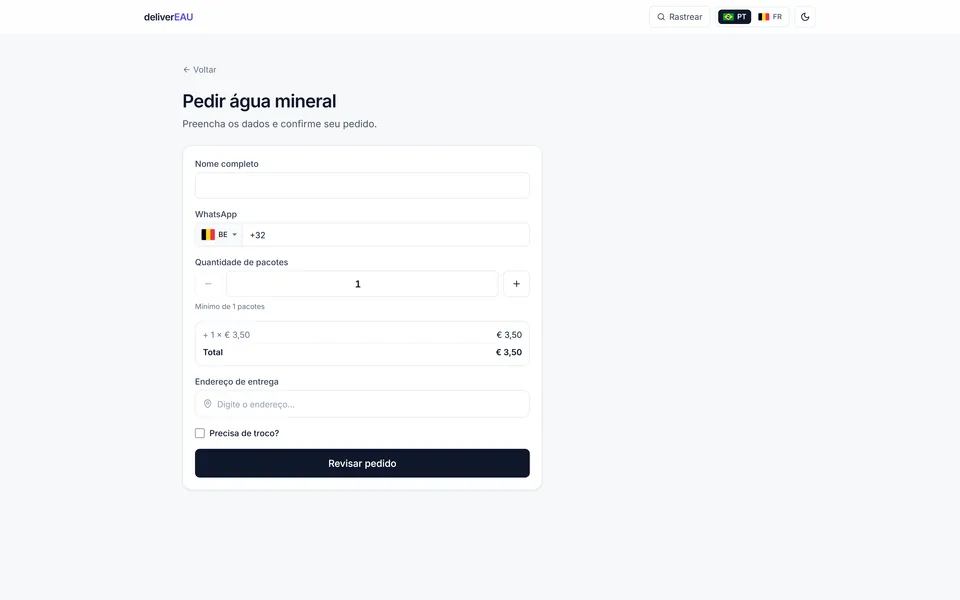 deliverEAU: formulário de pedido com quantidade, total e endereço